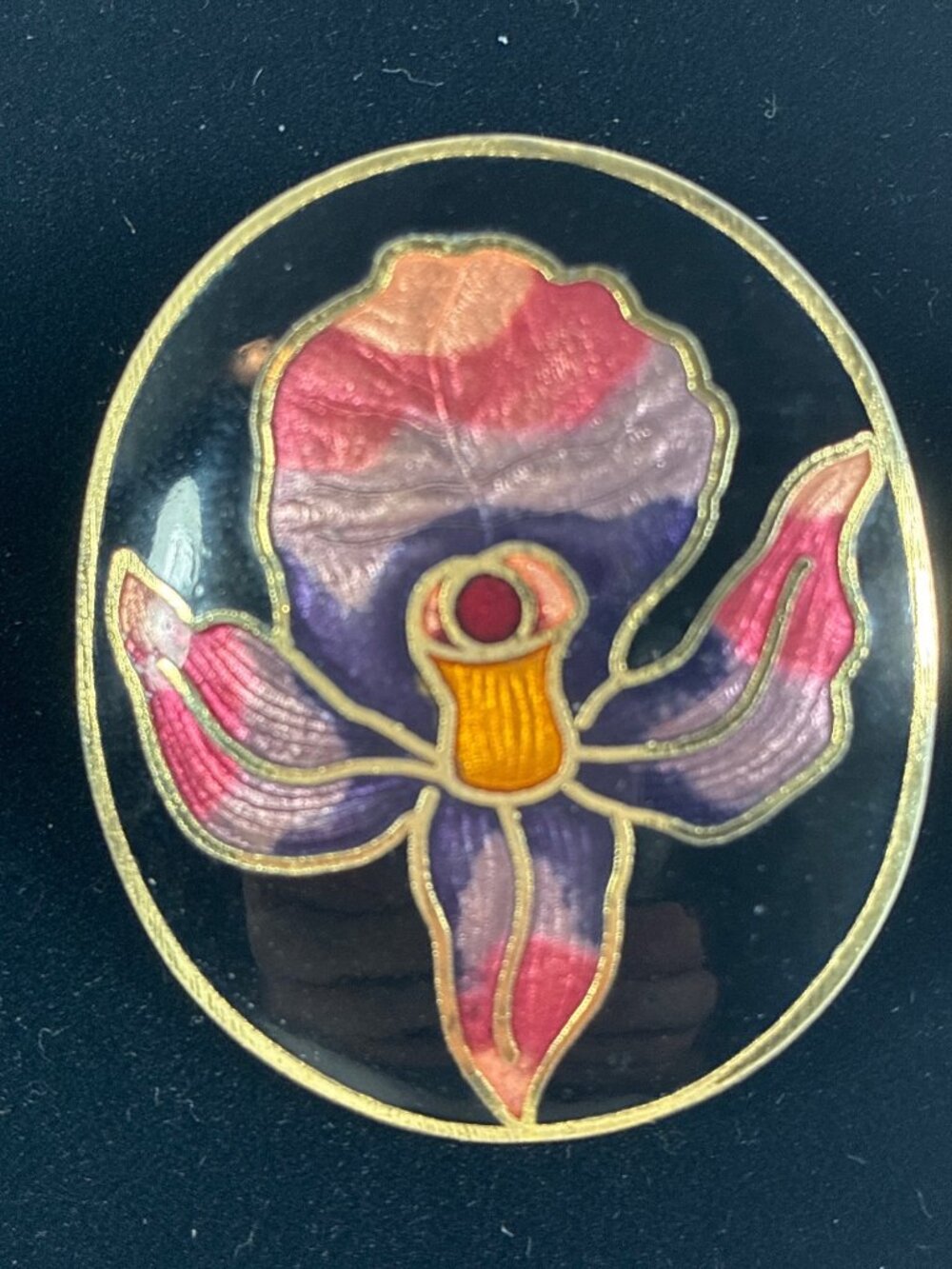 Cloisonné Style Enamel Iris Flower Brooch Black Gold Tone Floral Pin - Picture 2 of 7